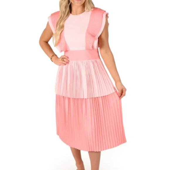Emily Mccarthy Chloe Rose Petal Ruffle Pleated Short Sleeve Midi Dress S pink - Picture 1 of 12